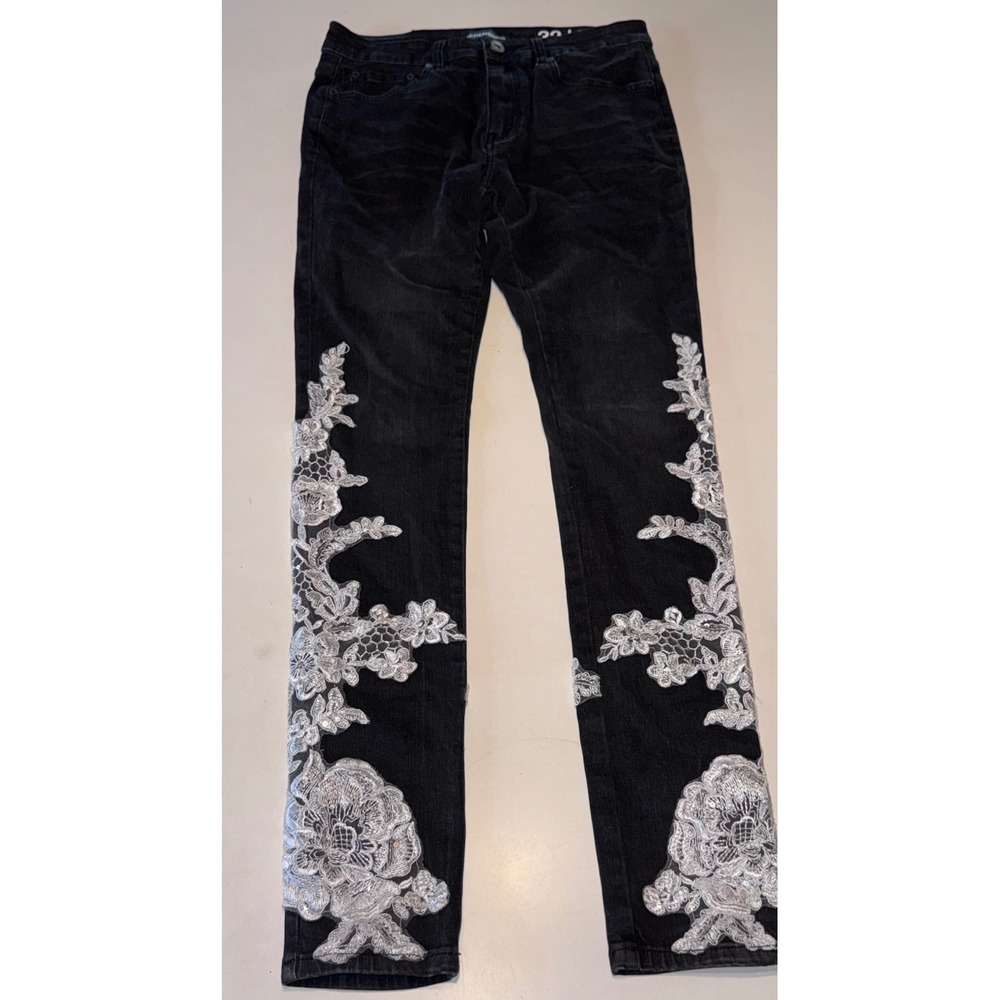 Serenede & Wisdom Women's Floral Lace Applique BLING Black Denim Jeans Size 32